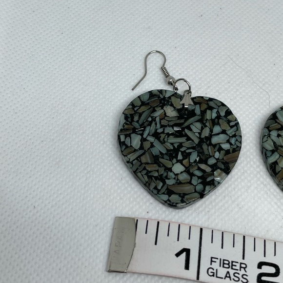 Euro wire heart earrings simulated granite green gray black tan 2.5 x 1.5 inches - Picture 5 of 5